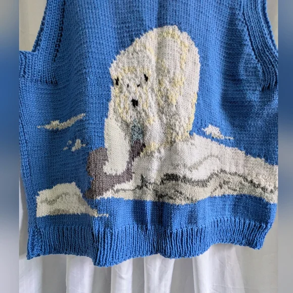 Vintage Handknit Polar Bear Vest Blue Button Front V-neck Men's Women's - Picture 9 of 11